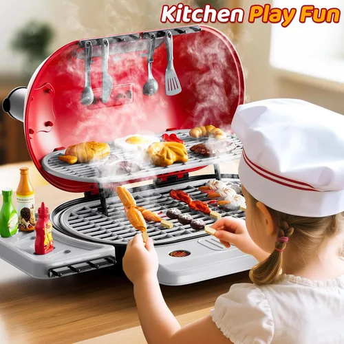 Miniatura 8 de Juego de parrilla para niños pequeños de 3 a 5 años, juguete de cocina de barbacoa al aire libre de 2 capas con humo, luces y sonidos, juego
