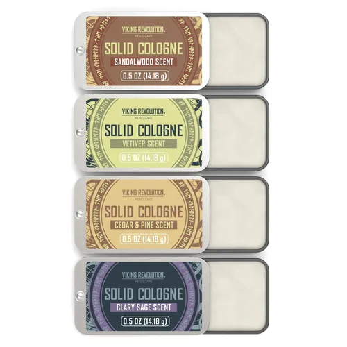 Viking Revolution Paquete de 4 colonias sólidas para hombre de 0.5 onzas, perfume sólido con madera de cedro, salvia clara, vetiver, colonia de