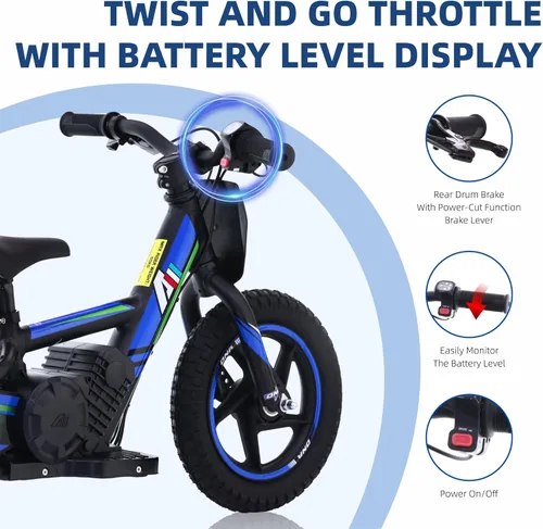 Miniatura 4 de Bicicleta eléctrica ligera AIII para niños, motocicleta eléctrica de 170/340W hasta 10/12MPH, batería desmontable de 24V, frenos duales operados a