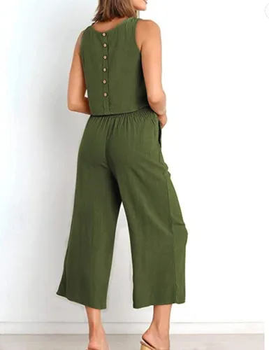 Miniatura 2 de InterNos Conjunto de 2 piezas de verano para mujer, sin mangas, con botones en la espalda, pantalones cortos de pierna ancha, conjunto de lino
