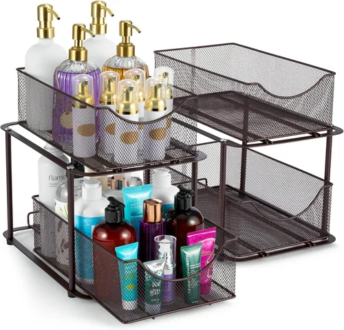 Miniatura 11 de Sorbus Organizador de metal para debajo del fregadero de 2 niveles para baño, cocina, cajones deslizantes de malla de acero fuerte para debajo