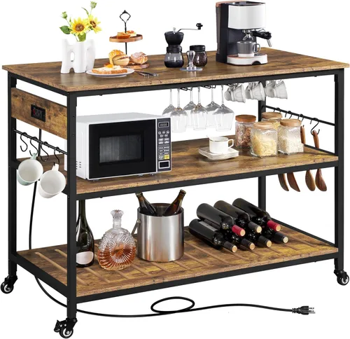 Miniatura 11 de Yaheetech Carrito de isla de cocina con toma de corriente, carritos de cocina con ruedas con almacenamiento, soporte de microondas de 3 niveles