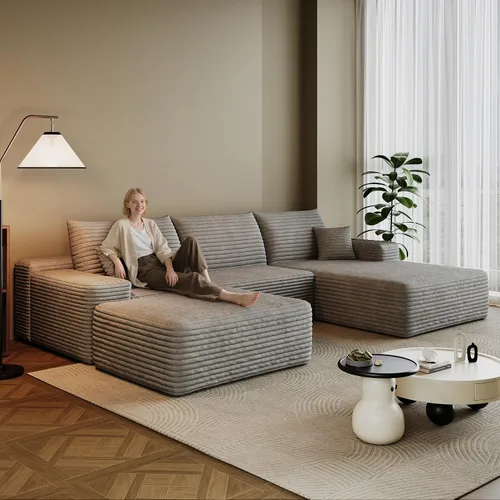 Miniatura 20 de Sofá modular en forma de L de 96 pulgadas con diván, moderno y cómodo sofá de pana para sala de estar, sofá de espuma viscoelástica, no requiere