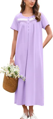 Miniatura 6 de Ekouaer Camisón para Mujeres de Algodón Camisón Largo de Noche Camisón de Manga Corta con Bolsillos Camisón con Botones Ropa de Dormir Suave
