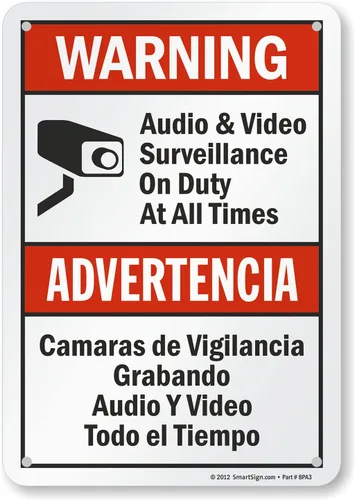 Miniatura 19 de SmartSign-S-9392-AL-14 Advertencia - Vigilancia de Audio y Video En Servicio en Todo Momento Letrero Bilingüe 10" x 14" de Aluminio - Negro/Rojo