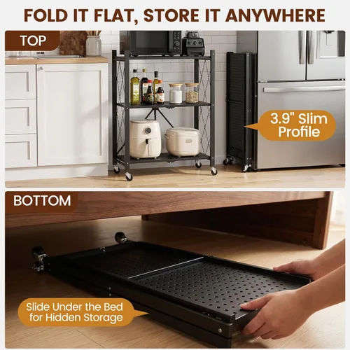 Miniatura 6 de ALANNG Estantes de almacenamiento con ruedas, estantería con almacenamiento, carrito de rack de metal sin ensamblaje para cocina, oficina, Negro