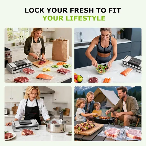 Miniatura 12 de Bonsenkitchen Sellador al vacío para alimentos, máquina selladora al vacío con mango de fácil bloqueo con clip para bolsa, cortador integrado
