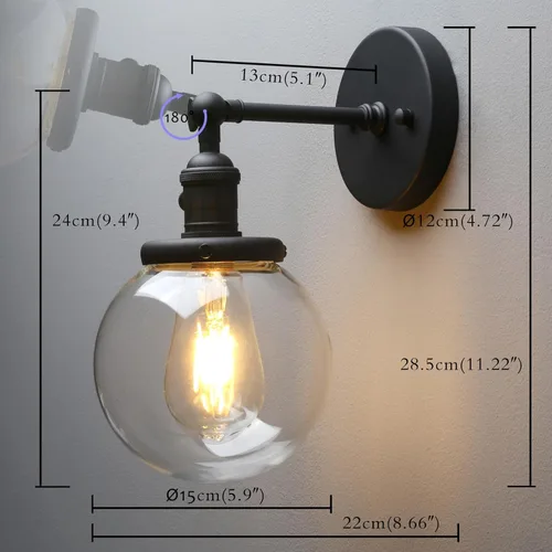Miniatura 2 de PERMO Iluminación de candelabro de pared industrial vintage con sombra de globo de vidrio transparente redondo de 5,9" soplado a mano (Negro)
