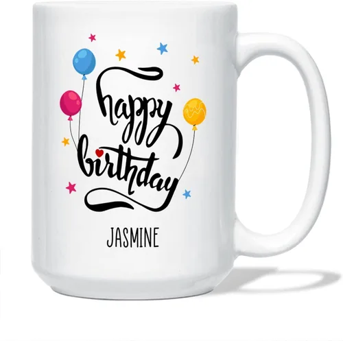Miniatura 11 de BigTees Taza de café personalizada, taza de feliz cumpleaños, taza con nombre personalizado, 15 onzas, blanco, regalos de cumpleaños