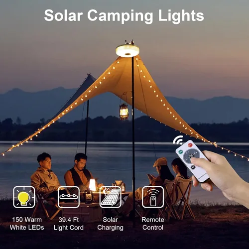 Miniatura 2 de Guirnalda de luces solares para campamento, 39.4 pies, portátil, impermeable, con 8 modos de iluminación, funciona con energía solar y recargable