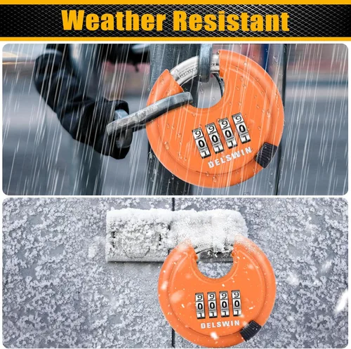Miniatura 5 de DELSWIN Cerradura de combinación de disco de 4 dígitos para exteriores, candados de combinación resistentes con grillete de acero endurecido Naranja