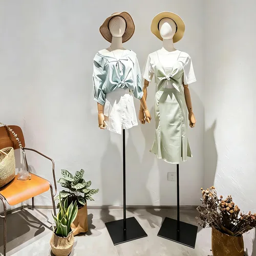 Miniatura 6 de Vestido de maniquí femenino con forma de torso, cuerpo de maniquí de exhibición con cabeza desmontable, manos de madera y soporte dorado de altura