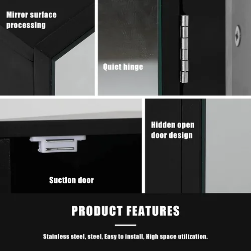 Miniatura 6 de eclife Armario de medicina de esquina de baño de 24 pulgadas con espejo, gabinete de espejo de pared negro de una sola puerta, gabinete