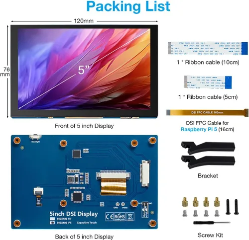 Miniatura 7 de Hosyond Pantalla táctil IPS MIPI DSI de 5 pulgadas compatible con Raspberry Pi 5/4/3, pantalla capacitiva de 800 x 480 píxeles, interfaz sin