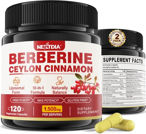 Nextdia Paquete de 2 1500 mg de berberina liposomal HCL con melón amargo de canela de Ceilán, suplementos de complejo orgánico de berberina con hoja
