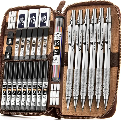 Miniatura 8 de Nicpro - Juego de 30 lápices mecánicos negros de metal en estuche de cuero, lápices de dibujo artístico de 0.5, 0.7, 0.9 mm, portaminillas