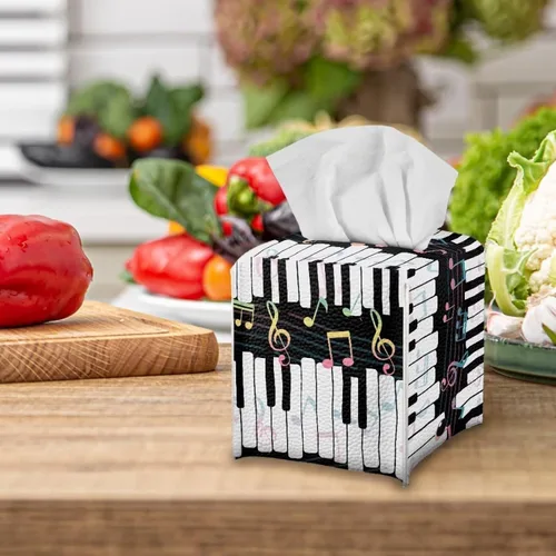 Miniatura 3 de Gomyblomy Coloridas notas musicales cajas de pañuelos cubiertas de teclado de piano pu cuero caja de pañuelos cuadrado organizador de pañuelos