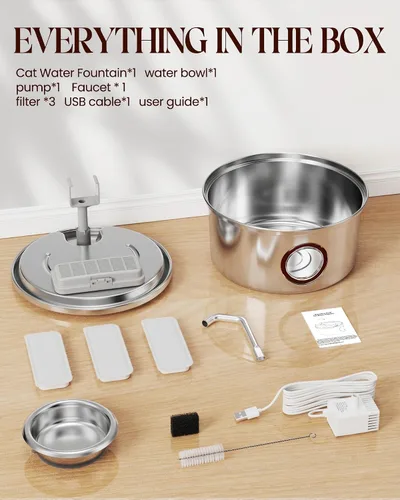 Miniatura 9 de Fuente de agua para gatos de acero inoxidable, fuente ultra silenciosa para gatos de 108 onzas / 3.2 L para beber con cuenco de agua extraíble