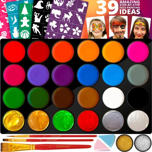 Kit de pintura facial para niños – 60 plantillas, 15 grandes pinturas a base de agua, 2 brillos, kit de maquillaje de Halloween, paleta de pintura