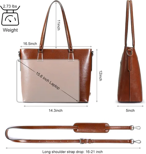 Miniatura 4 de S-ZONE Bolso de mano de cuero genuino para mujer, maletín vintage, bolso de trabajo, bolso grande de 15.6 pulgadas, L