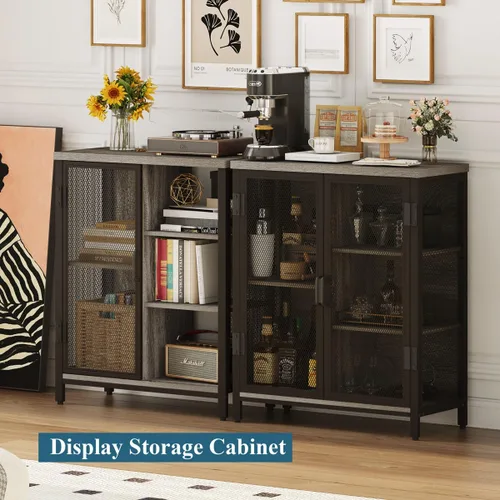 Miniatura 6 de BON AUGURE Gabinete Pequeño de Barra de Café para Licor, Gabinete de Almacenamiento Estilo Granja con Puertas, Aparador Buffet de Madera para Cocina