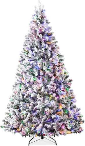 Best Choice Products - Árbol de Navidad artificial preiluminado de pino flocado de 9 pies, 2-en-1, luces LED blancas y multicolor, apariencia Verde