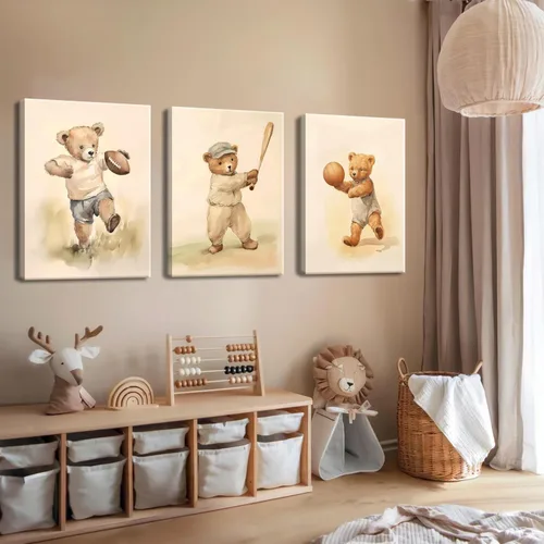 Miniatura 7 de Conjunto de 3 cuadros de arte de pared de osos de rugby deportivos para guardería – Cuadros de osos bebés vintage bonitos, pinturas, pósteres