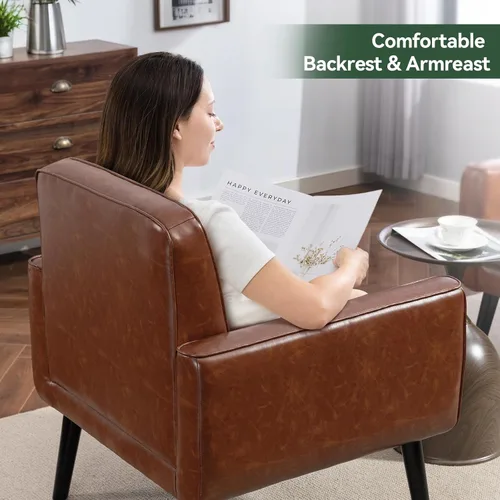 Miniatura 7 de Sillón moderno de acento de mediados de siglo, silla de piel sintética PU con estructura de madera, sillón acogedor para lectura con respaldo cómodo