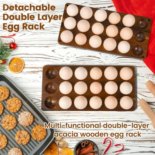 Miniatura 3 de Soporte para huevos de madera de doble capa, organizador de bandejas de huevos de acacia de cocina de granja, cesta de almacenamiento de huevos
