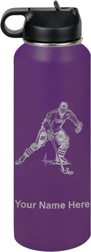 Miniatura 50 de LaserGram Botella de agua personalizada, jugador de hockey, acero inoxidable de doble pared aislada al vacío con popote superior, regalo grabado