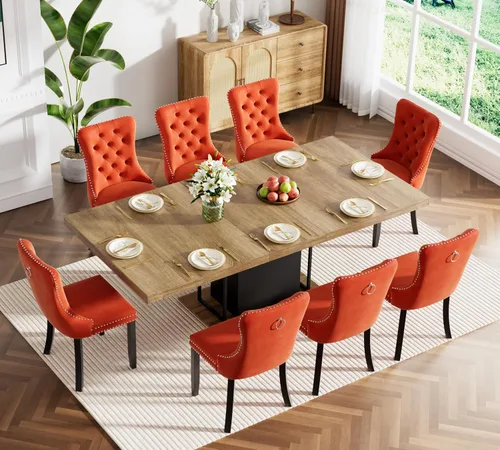 Miniatura 51 de Juego de mesa de comedor extensible marrón de 63 a 78.74 pulgadas para 4, juego de mesa de comedor de 5 piezas con 4 sillas, mesa de cocina