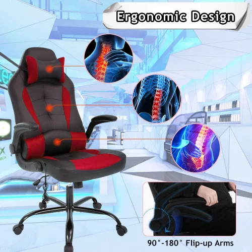Miniatura 6 de Silla de oficina ergonómica para juegos de masaje, silla de escritorio con respaldo alto, silla ejecutiva de piel sintética con soporte lumbar, Rojo