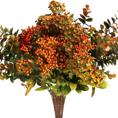 Miniatura 7 de 6 paquetes de flores artificiales de otoño, decoraciones de otoño, hojas verdes, arbustos para Acción de Gracias, hogar, cocina, habitación