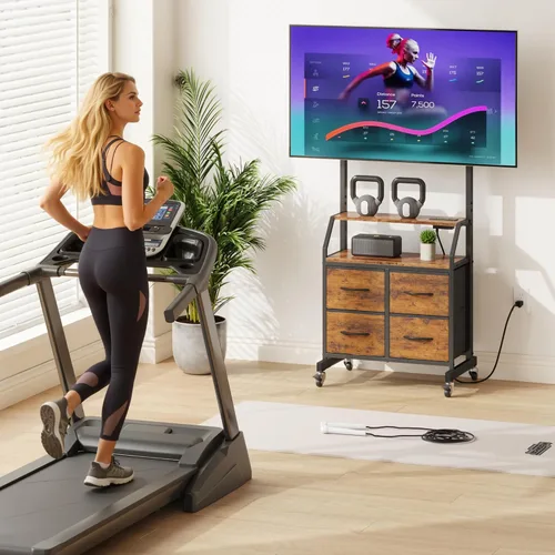Miniatura 9 de Soporte de TV rodante con soporte y 4 cajones de tela, soporte de TV con ruedas para TV de 32 a 75 pulgadas, centro de entretenimiento y mesa