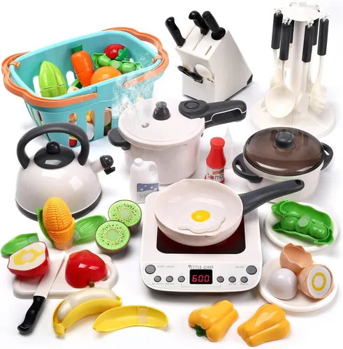 CUTE STONE - Juguete de cocina de juego de roles con olla a presión de vapor y olla a presión y placa de inducción electrónica, utensilios de Blanco