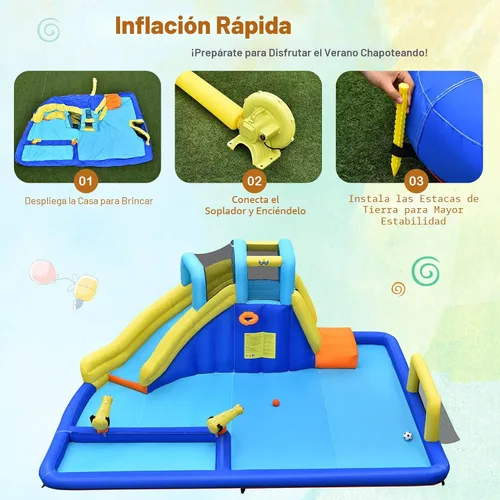 Miniatura 6 de HONEY JOY Tobogán acuático inflable, parque acuático gigante con porterías de fútbol para exteriores, piscina, escalada, toboganes acuáticos