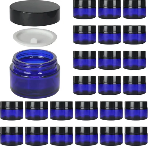 Paquete de 24 tarros cosméticos redondos de vidrio azul de 1 onza con revestimientos interiores y tapas negras, tarros de vidrio de viaje,