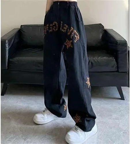 Miniatura 4 de Harajuku - Jeans de leopardo con estampado de letras, góticos, sueltos, de calle alta, rectos, hip hop