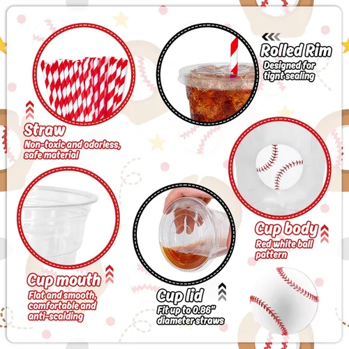 Miniatura 3 de Whaline 50 piezas de vasos de plástico desechables de béisbol con tapas y popotes, vasos rojos y blancos de pelota, vasos para bebidas frías