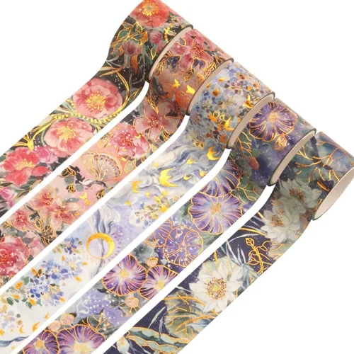 YUBBAEX Blooming Washi - Juego de cintas adhesivas con lámina dorada, cinta de enmascarar peonía ancha decorativa para artes, manualidades DIY,
