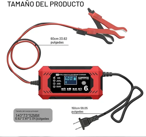 Miniatura 8 de Corebox Cargador de Batería 6-Amperios 12V Cargador Inteligente Automático de Goteo, Mantenedor de Batería Desulfator con Compensación