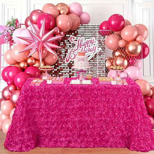 Miniatura 25 de Fanqisi Mantel de rosetón de 50x80 pulgadas, patrón de rosas, color púrpura, mantel de satén con rosetones de lino para decoración de mesa