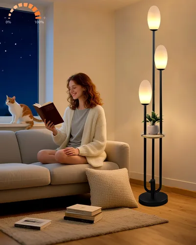 Miniatura 23 de Lámpara de pie regulable dorada con mesa, lámparas de pie modernas con pantallas de hongos para sala de estar, lámpara de pie alta blanca cálida