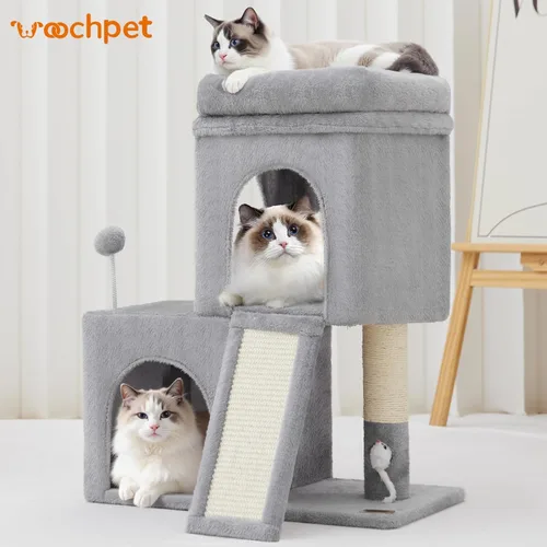 Miniatura 9 de Woochpet Árbol para gatos de 24 pulgadas de alto con 2 condominios para gatos y juguete de ratón, acogedora torre pequeña para gatos con poste