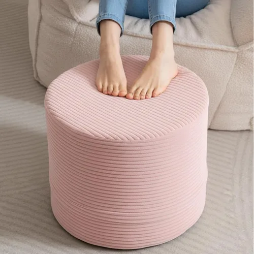 Miniatura 14 de LITA Puf redondo de relleno, puf de pana con relleno de espuma de alta densidad y funda lavable, taburete de puf peludo y esponjoso, otomano