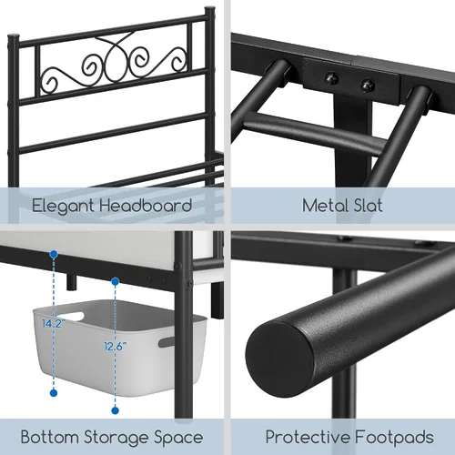 Miniatura 5 de Topeakmart Base de cama clásica de metal de 13 pulgadas con cabecero, base de colchón, plataforma de cama, base de cama con listones, tamaño Negro