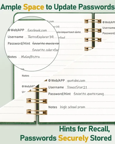 Miniatura 65 de WEMATE Libro de contraseñas con pestañas alfabéticas, libro en espiral para personas mayores, cuaderno de contraseñas de Internet, diario