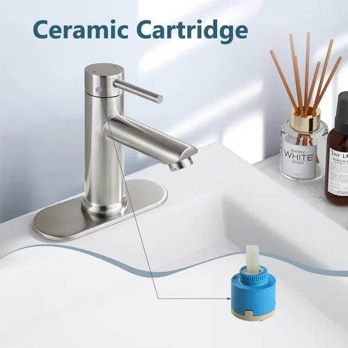 Miniatura 4 de Aolemi Grifo de baño de un solo agujero, grifo de lavabo de baño de una sola manija con líneas de suministro, con drenaje desplegable y placa