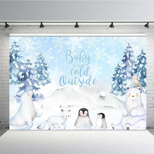 MEHOFOND Telón de fondo de invierno de 7 x 5 pies para baby shower, fondo exterior con acuarela azul, animales árticos, pingüino, baby shower,