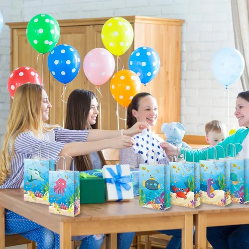 Miniatura 6 de Paquete de 12 bolsas de fiesta de animales marinos bajo el mar, bolsas de regalo para fiesta temática del océano, bolsas de golosinas para fiesta